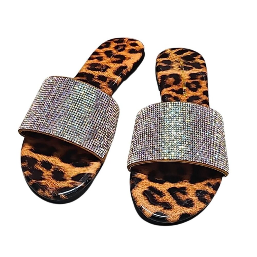 Leopard Print Slides With Rhinestone Straps Stylish Womens Sandals